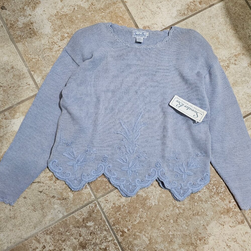 Sweater Bee Women Large Vintage 80s Knit Sweater Lavender Ramie Beaded Floral - Picture 2 of 7